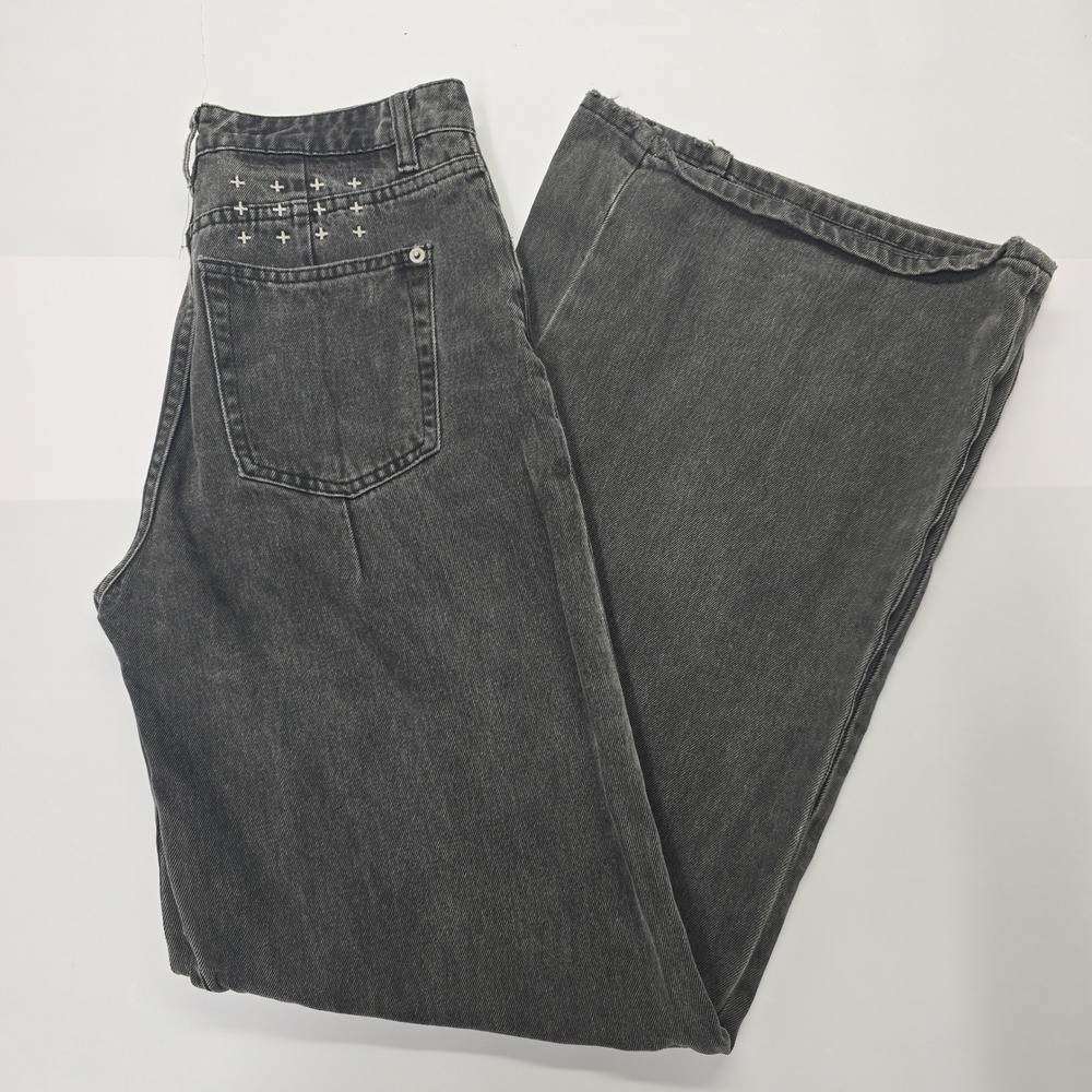 Ksubi Women Black Acid Wash Wide Leg Baggy Jeans Embroidered Cross Size 27